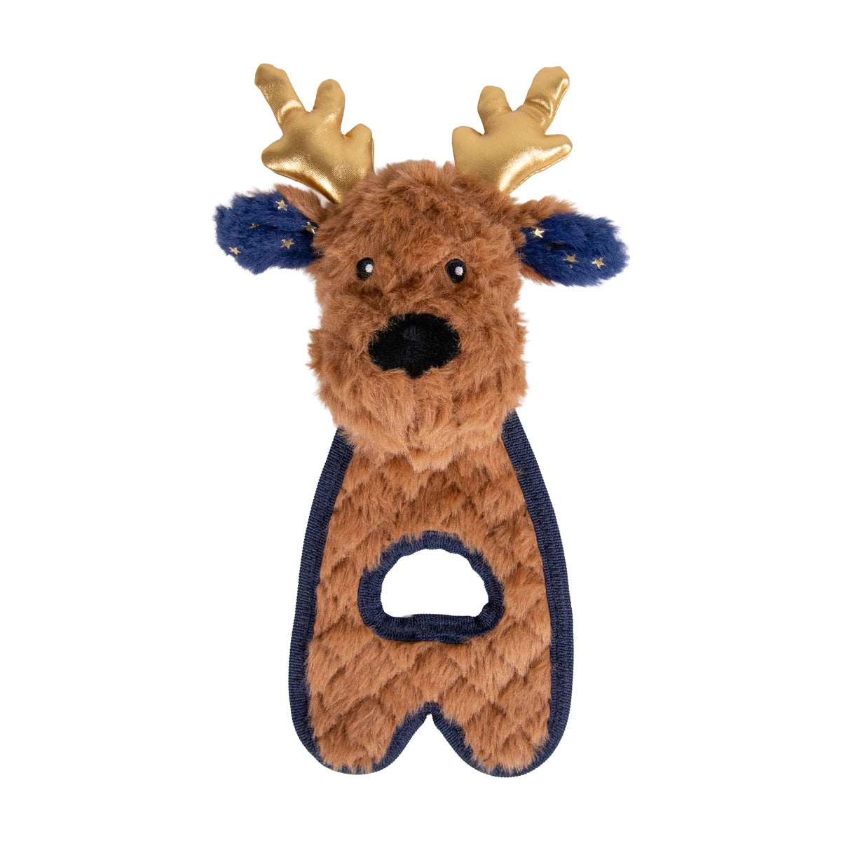 Rosewood Ren Reindeer interactive plush Christmas dog toy featuring brown fluffy fabric, gold antlers, navy star-patterned ears and built-in squeaker.