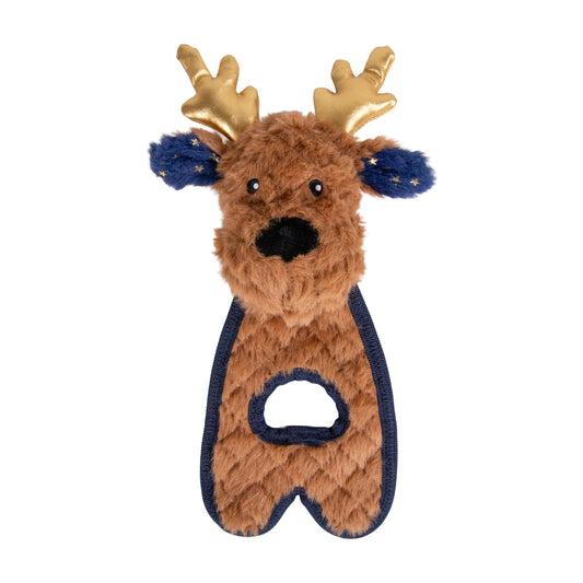 Rosewood Ren Reindeer interactive plush Christmas dog toy featuring brown fluffy fabric, gold antlers, navy star-patterned ears and built-in squeaker.
