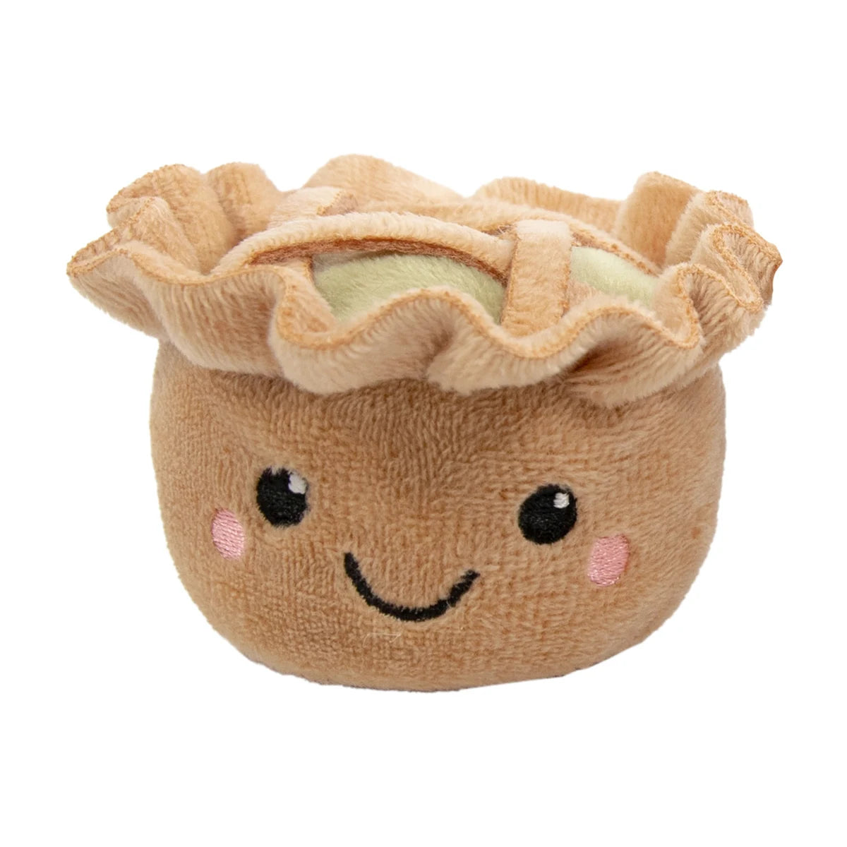 Rosewood Robby & Pingu Pie Duo apple pie catnip toy with beige plush pastry, pale green filling, lattice crust and smiling embroidered face.