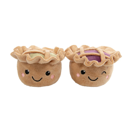 Rosewood Robby & Pingu Pie Duo Christmas cat toys showing two smiling plush pies with green apple and purple mixed berry fillings on a white background.