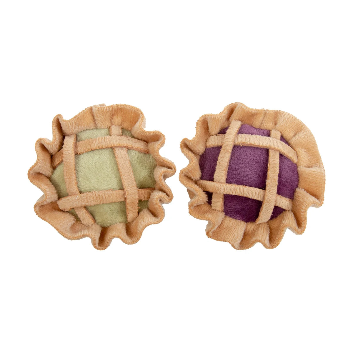 Overhead view of Rosewood Robby & Pingu Pie Duo Christmas cat toys showing the apple and mixed berry designs with plush lattice crusts.