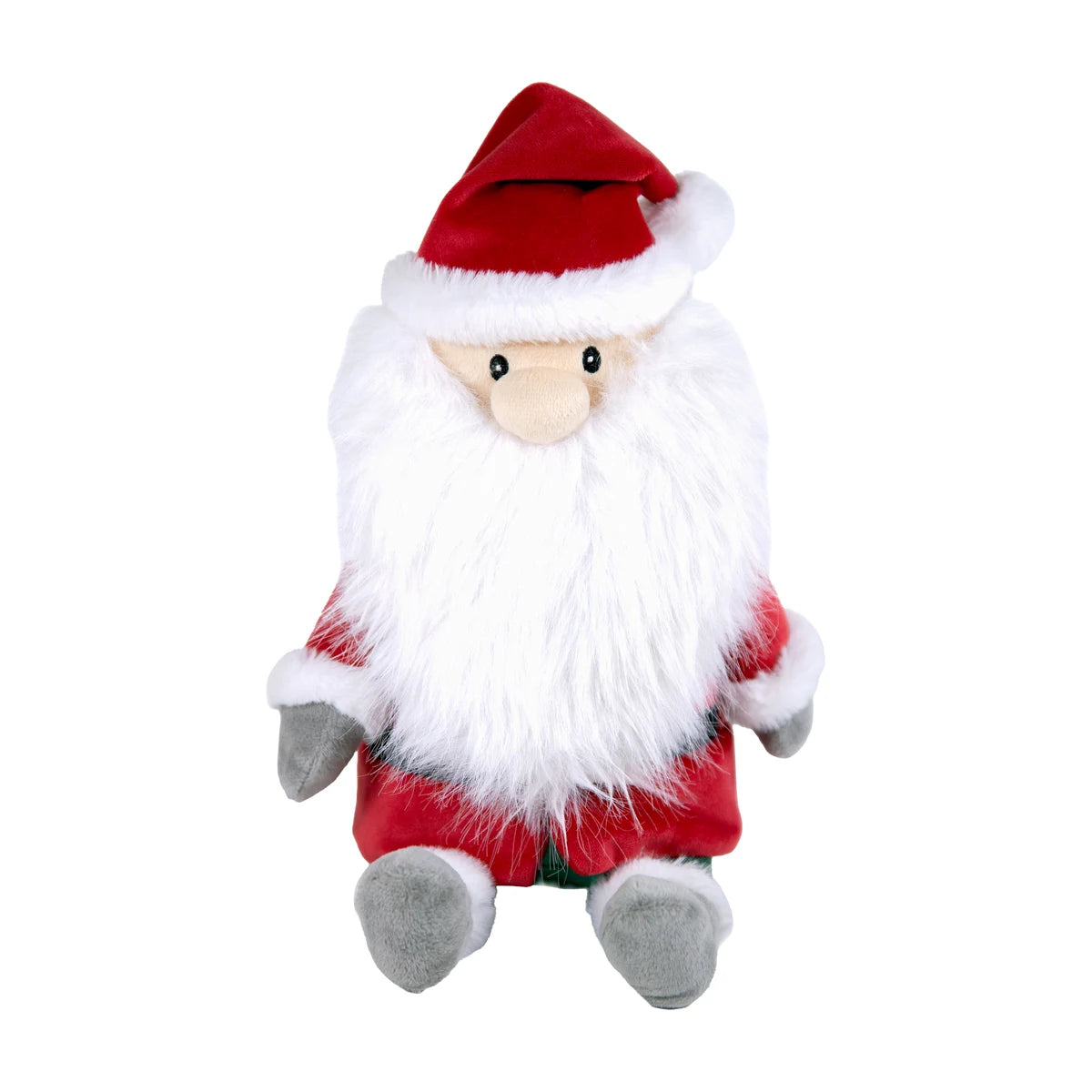 Rosewood Sebastian Santa Christmas plush squeaky dog toy with a red Santa hat, long fluffy white beard, grey hands and feet and traditional festive outfit.