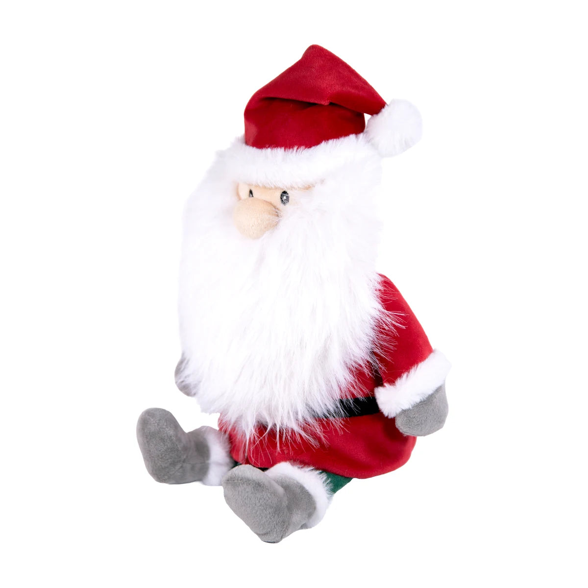 Side view of Rosewood Sebastian Santa Christmas plush dog toy showing his long white beard, red festive outfit, Santa hat and soft grey feet.