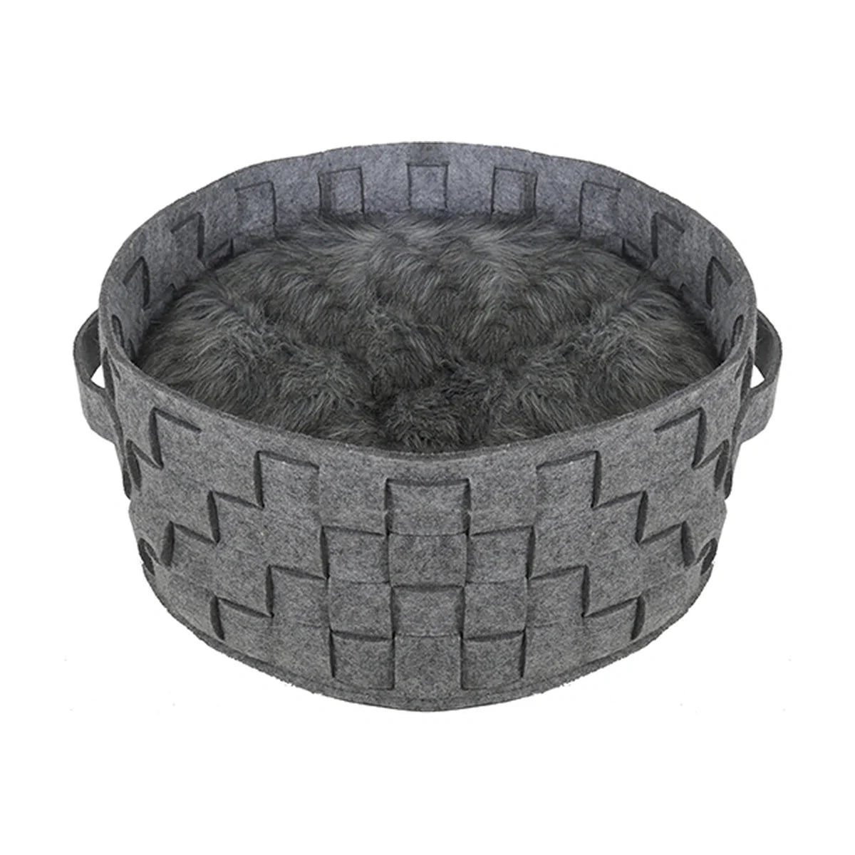 Rosewood silver felt and faux fur plaited round pet bed with cushion