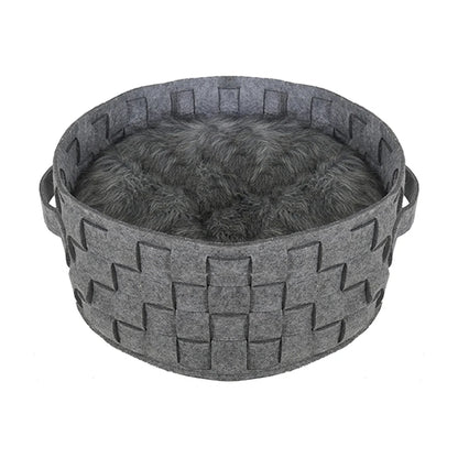 Rosewood silver felt and faux fur plaited round pet bed with cushion