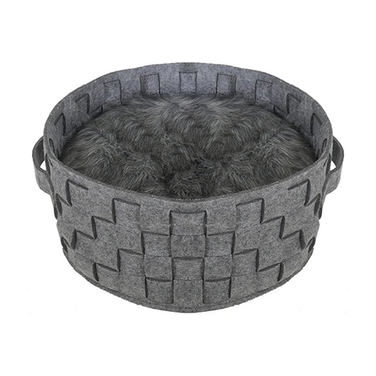 Rosewood silver felt and faux fur plaited round pet bed with cushion