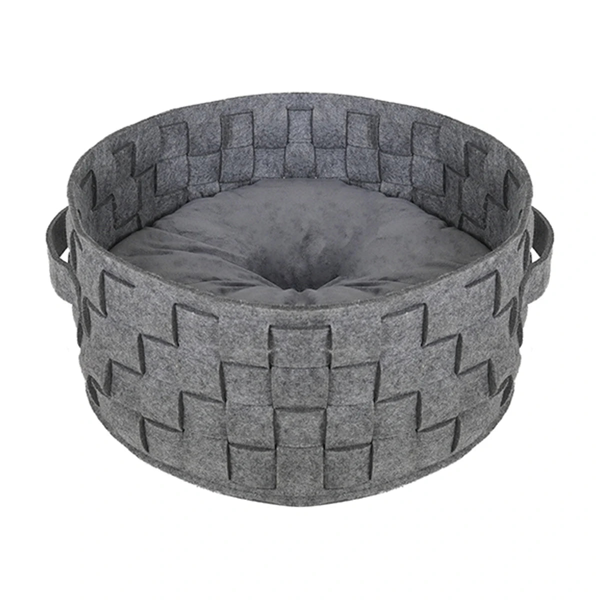 Rosewood Silver Felt and Fur Plaited Pet Bed with the smooth side of the reversible cushion facing up.