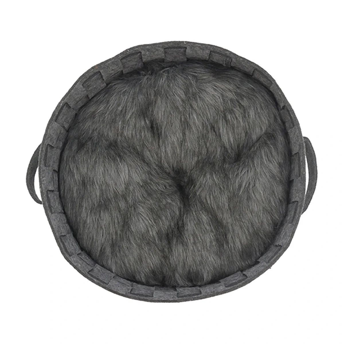 Top view of Rosewood round felt pet bed with grey faux fur cushion