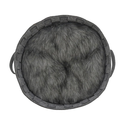 Top view of Rosewood round felt pet bed with grey faux fur cushion