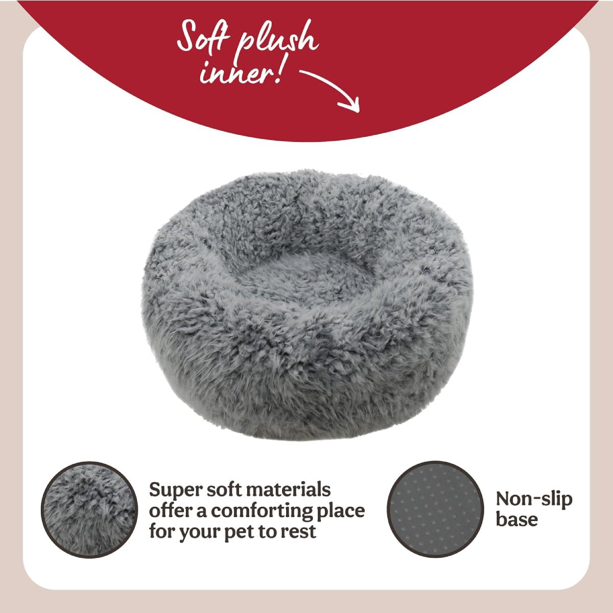 Rosewood Silver Fluff Round Dog and Cat Bed feature image showing the soft plush interior, comforting faux fur texture and non-slip base