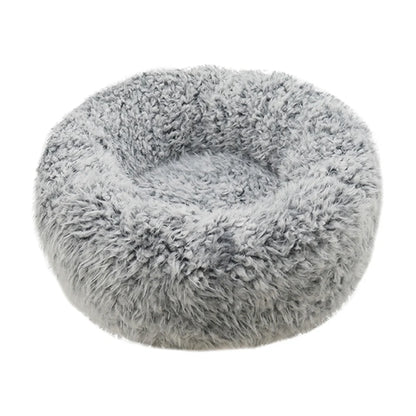 Rosewood Silver Fluff Comfort Round Dog and Cat Bed in Medium 66 × 66 cm, featuring a plush silver-grey faux fur interior and raised round sides