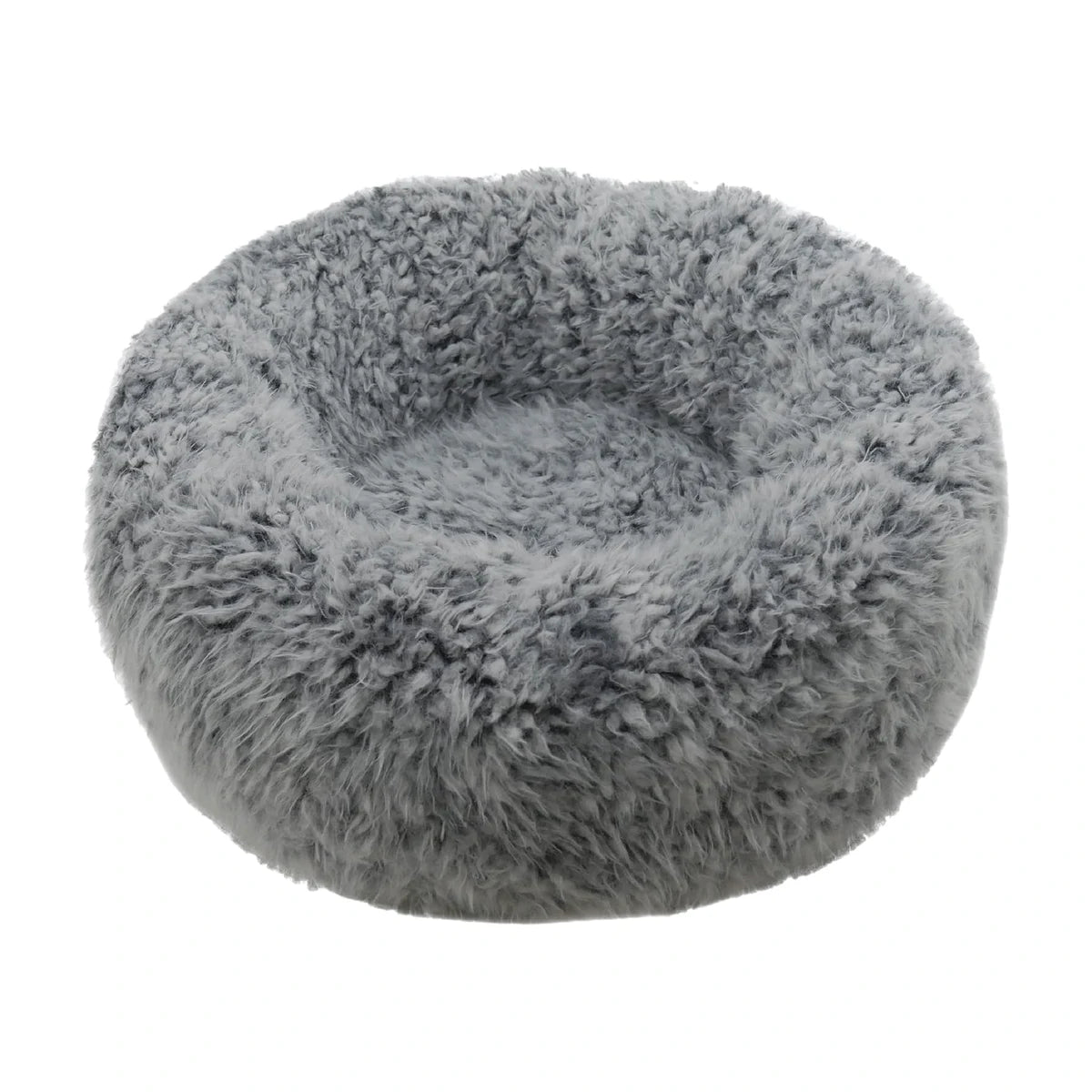 Rosewood Silver Fluff Comfort Round Dog and Cat Bed in Small 52 × 52 cm, featuring soft grey faux fur and raised cushioned sides on a white background