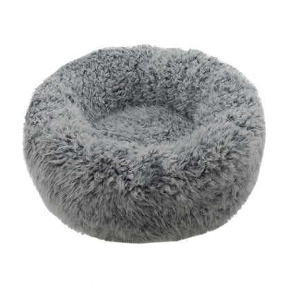 Rosewood Silver Fluff Comfort Round Dog and Cat Bed in Small 52 × 52 cm, featuring soft grey faux fur and raised cushioned sides on a white background