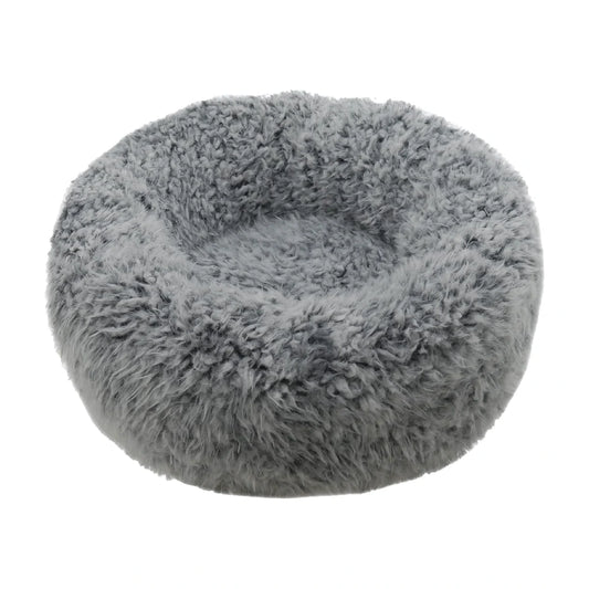 Rosewood Silver Fluff Comfort Round Dog and Cat Bed in Small 52 × 52 cm, featuring soft grey faux fur and raised cushioned sides on a white background