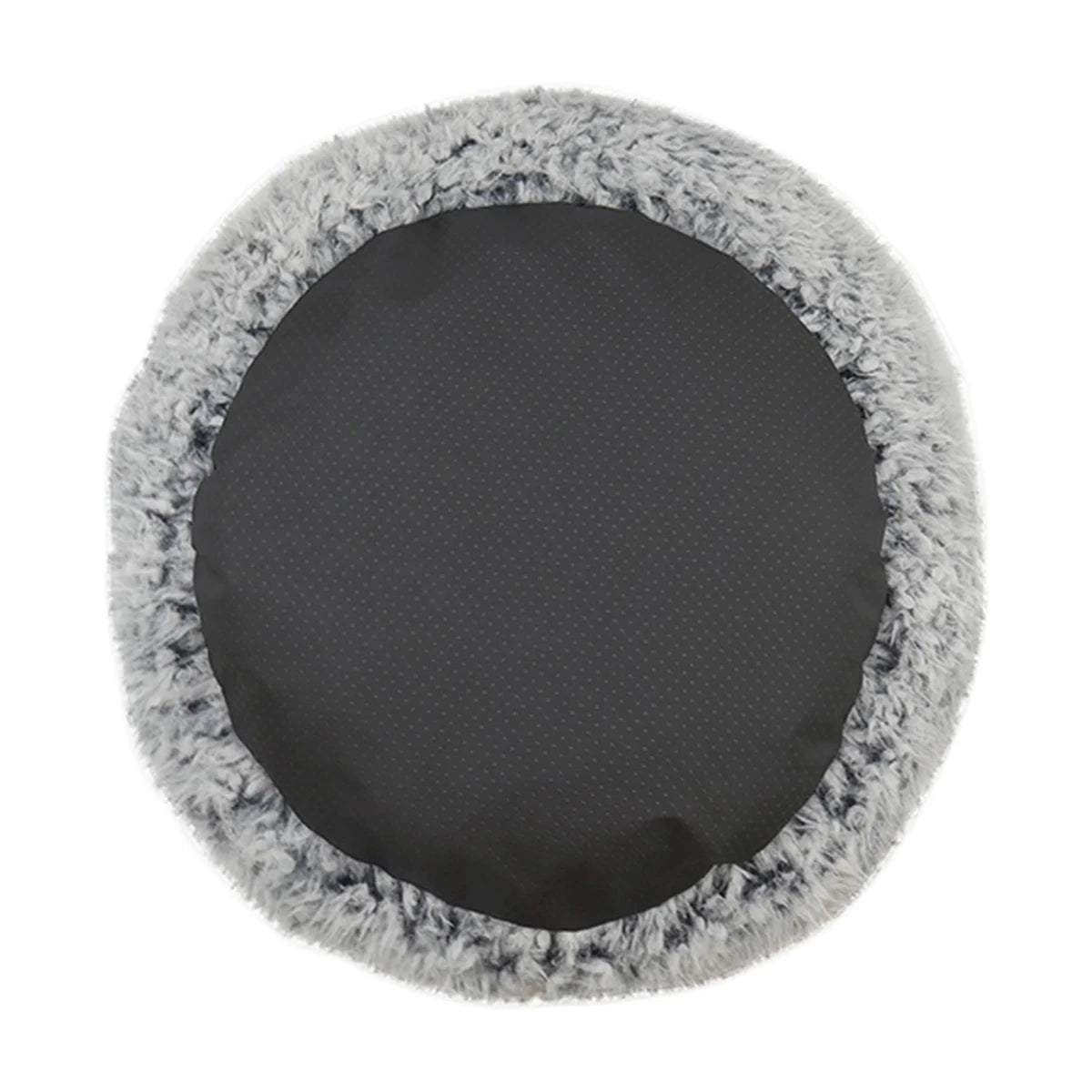 Underside of the Rosewood Silver Fluff Comfort Round Pet Bed showing the dark non-slip fabric base surrounded by soft grey faux fur