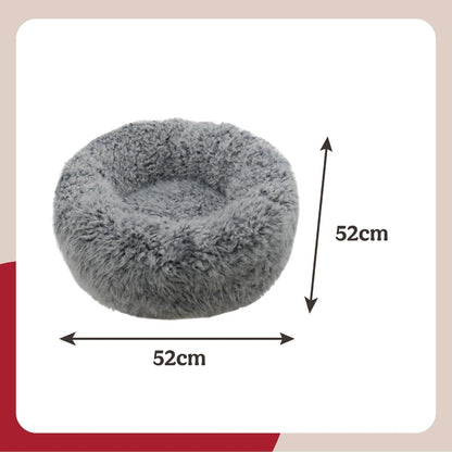 Rosewood Silver Fluff Comfort Round Dog and Cat Bed Small size guide showing the round grey faux fur bed measuring 52 × 52 cm