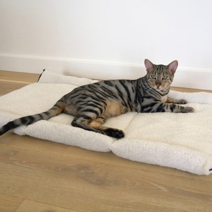 Cat resting on the Rosewood Snuggle Plush 2-in-1 Cat Comfort Den unfolded into a flat blanket