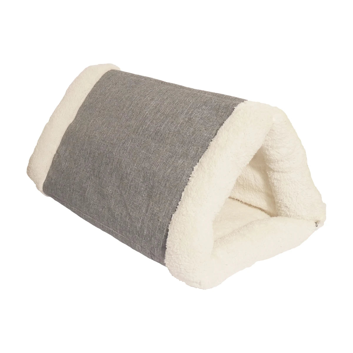 Grey and cream Rosewood Snuggle Plush 2-in-1 Cat Comfort Den shown in pyramid form on a white background