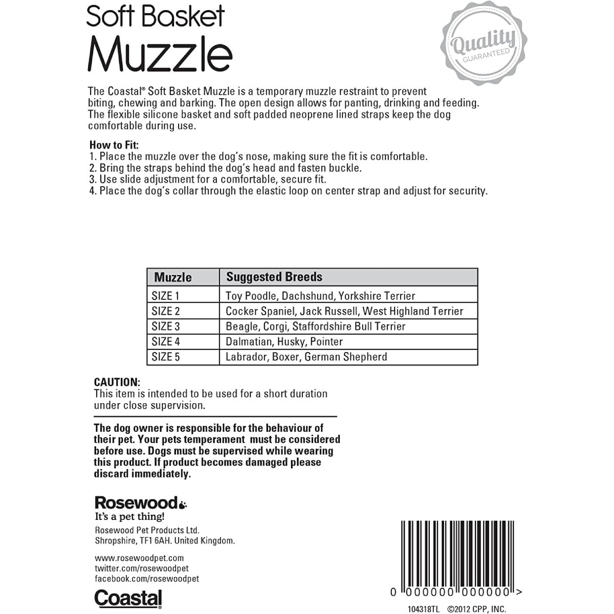 Rosewood Soft Basket Dog Muzzle size guide with suggested dog breeds
