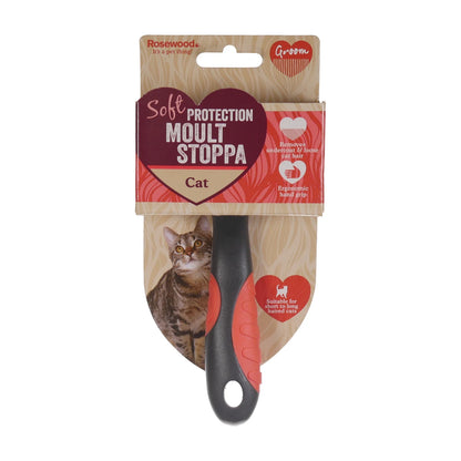 Rosewood Soft Protection Cat Moult Stoppa de-shedding tool in retail packaging
