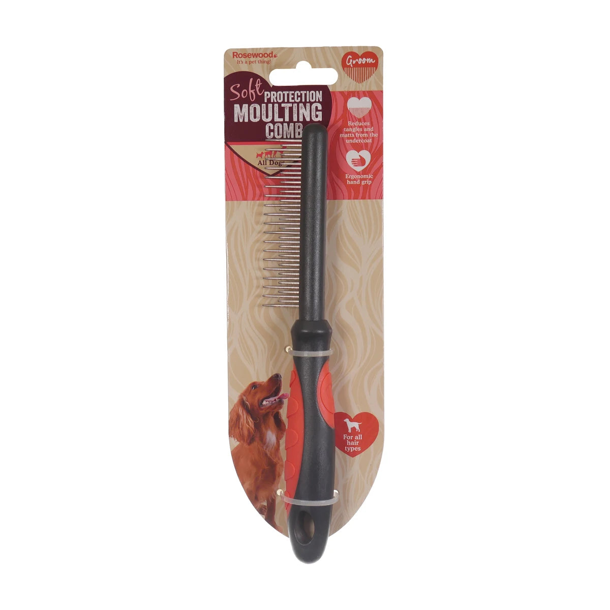 Rosewood Soft Protection Moulting Comb for dogs with ergonomic hand grip