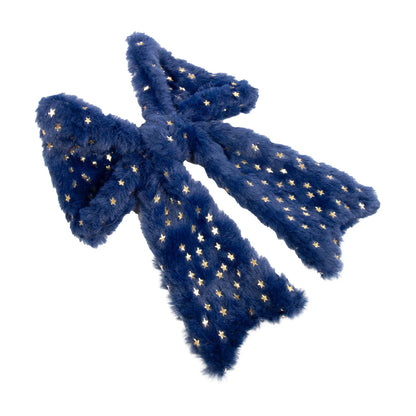 Angled view of Rosewood navy blue plush Christmas dog collar bow with gold star pattern and soft decorative finish.