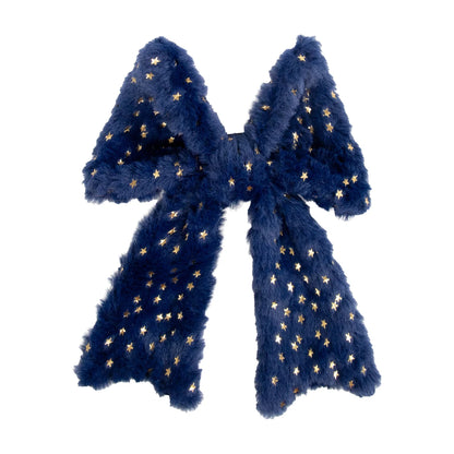 Rosewood Sparkle Slide-On Bow for dog collars, navy blue plush Christmas bow with gold star detailing, front view.