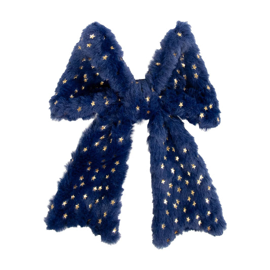 Rosewood Sparkle Slide-On Bow for dog collars, navy blue plush Christmas bow with gold star detailing, front view.