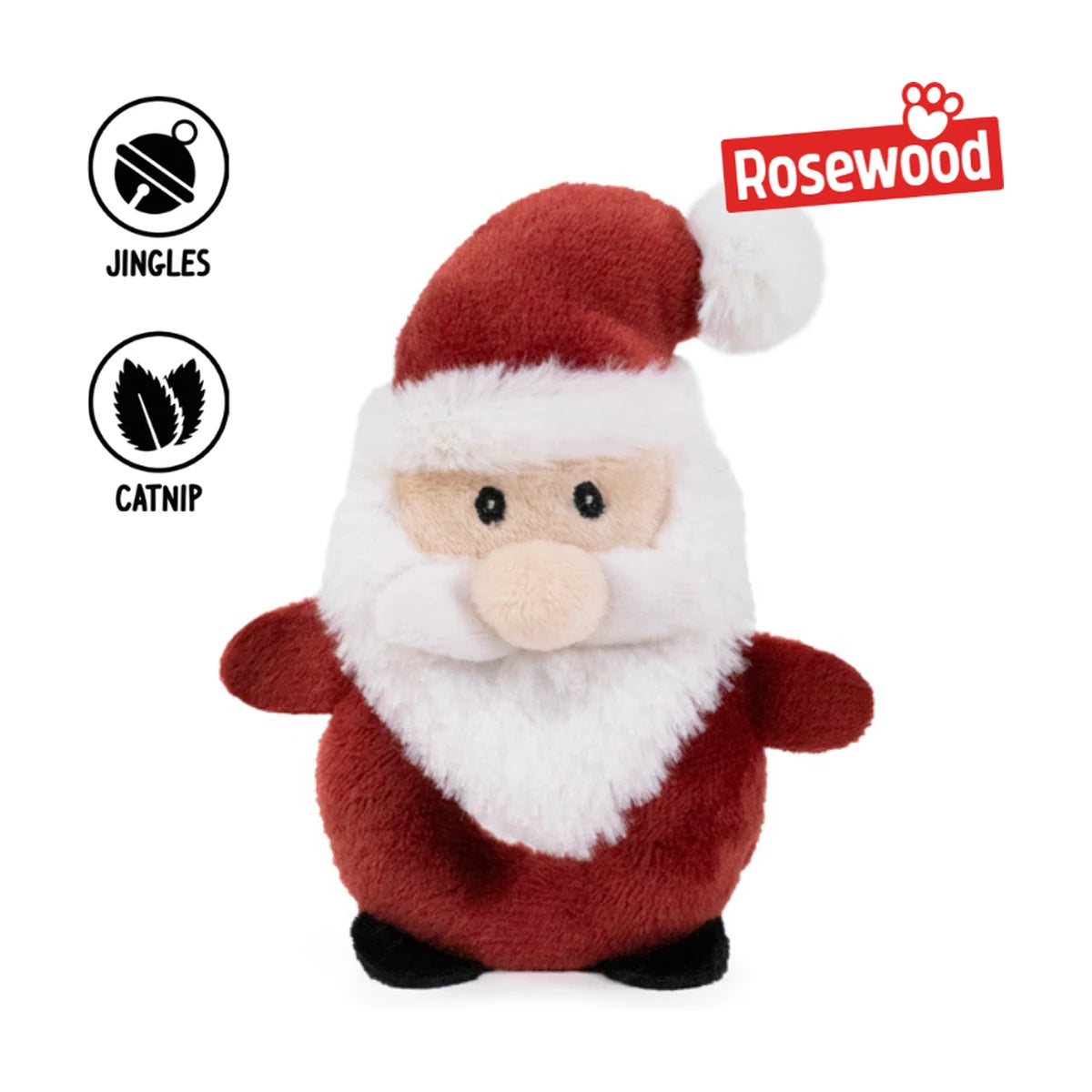 Rosewood Stanley Santa Christmas cat toy with Rosewood branding and feature icons showing catnip and a hidden jingle bell.