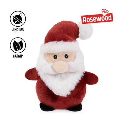 Rosewood Stanley Santa Christmas cat toy with Rosewood branding and feature icons showing catnip and a hidden jingle bell.