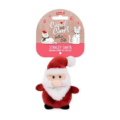 Rosewood Stanley Santa jingling catnip toy in Cupid & Comet festive retail packaging, showing the red plush Santa character with white beard and hat.