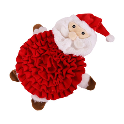 Angled view of the Rosewood Steve Santa Snuffle Mat showing its thick red fabric folds, fluffy white beard, Santa hat and brown boots.