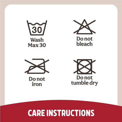 Rosewood water-resistant dog crate mattress care instructions graphic showing washing at a maximum of 30°C, no bleach, no ironing and no tumble drying.