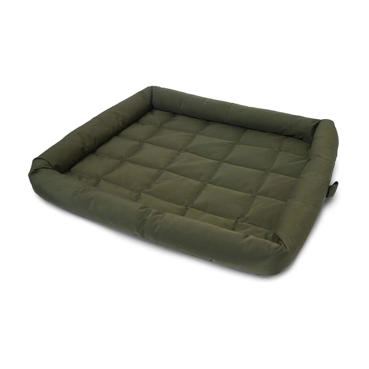 Rosewood 40 Winks Large water-resistant crate dog mattress in khaki green with padded raised edges and quilted sleeping surface, measuring 95 × 68 cm.