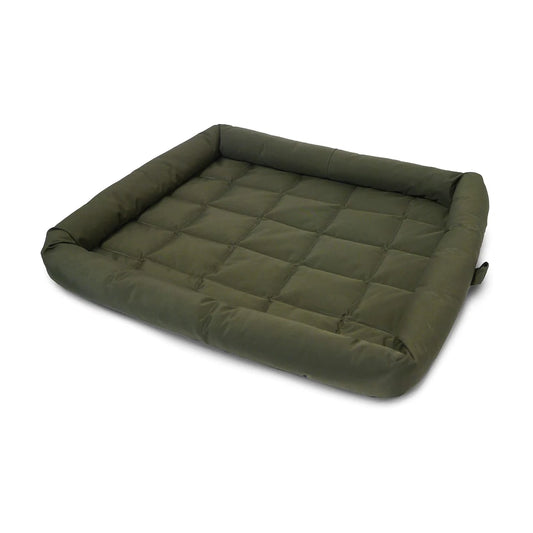 Rosewood 40 Winks Large water-resistant crate dog mattress in khaki green with padded raised edges and quilted sleeping surface, measuring 95 × 68 cm.