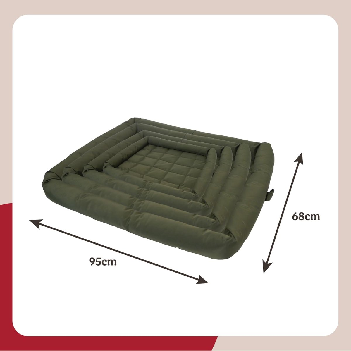Rosewood 40 Winks Large green water-resistant crate dog mattress dimension guide showing a rectangular quilted bed measuring 95 cm long and 68 cm wide.