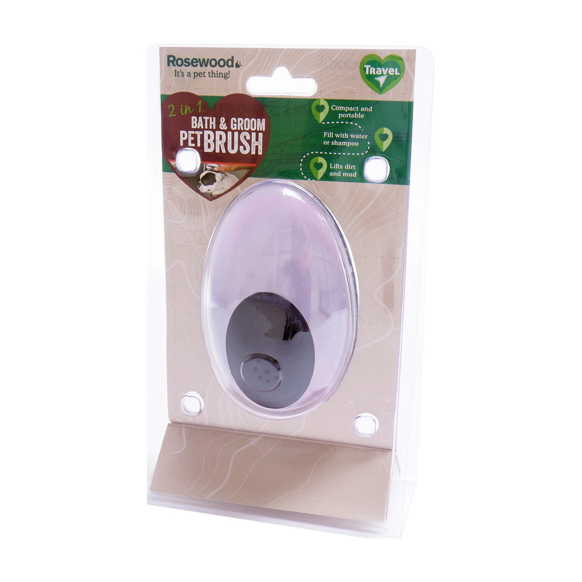 Rosewood 2-in-1 bath and groom brush for cats and dogs in packaging, shampoo dispensing pet brush