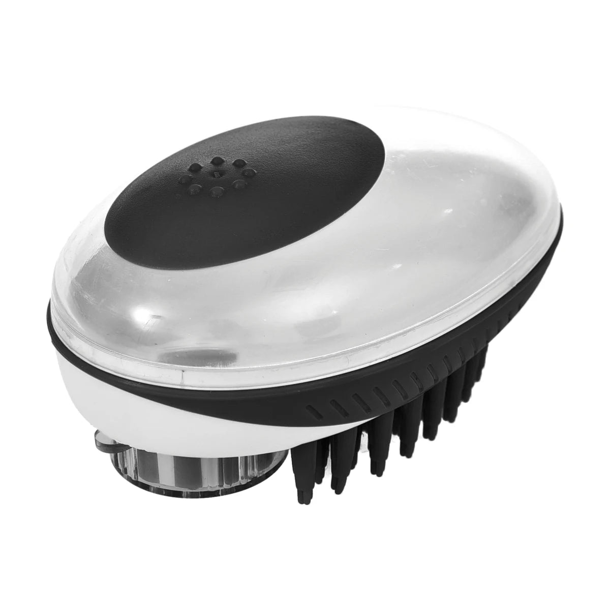 Topside of Rosewood 2 in 1 bath and groom brush for cats and dogs showing shampoo dispenser button on brush for bathing and massage