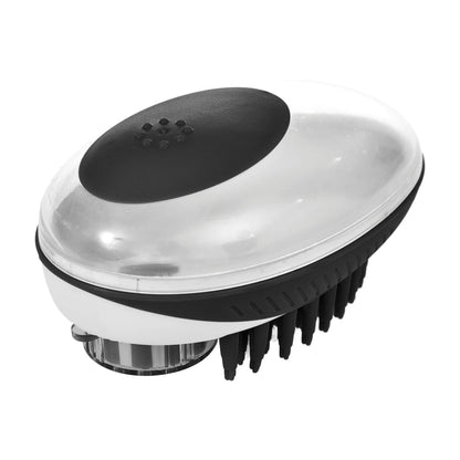 Topside of Rosewood 2 in 1 bath and groom brush for cats and dogs showing shampoo dispenser button on brush for bathing and massage