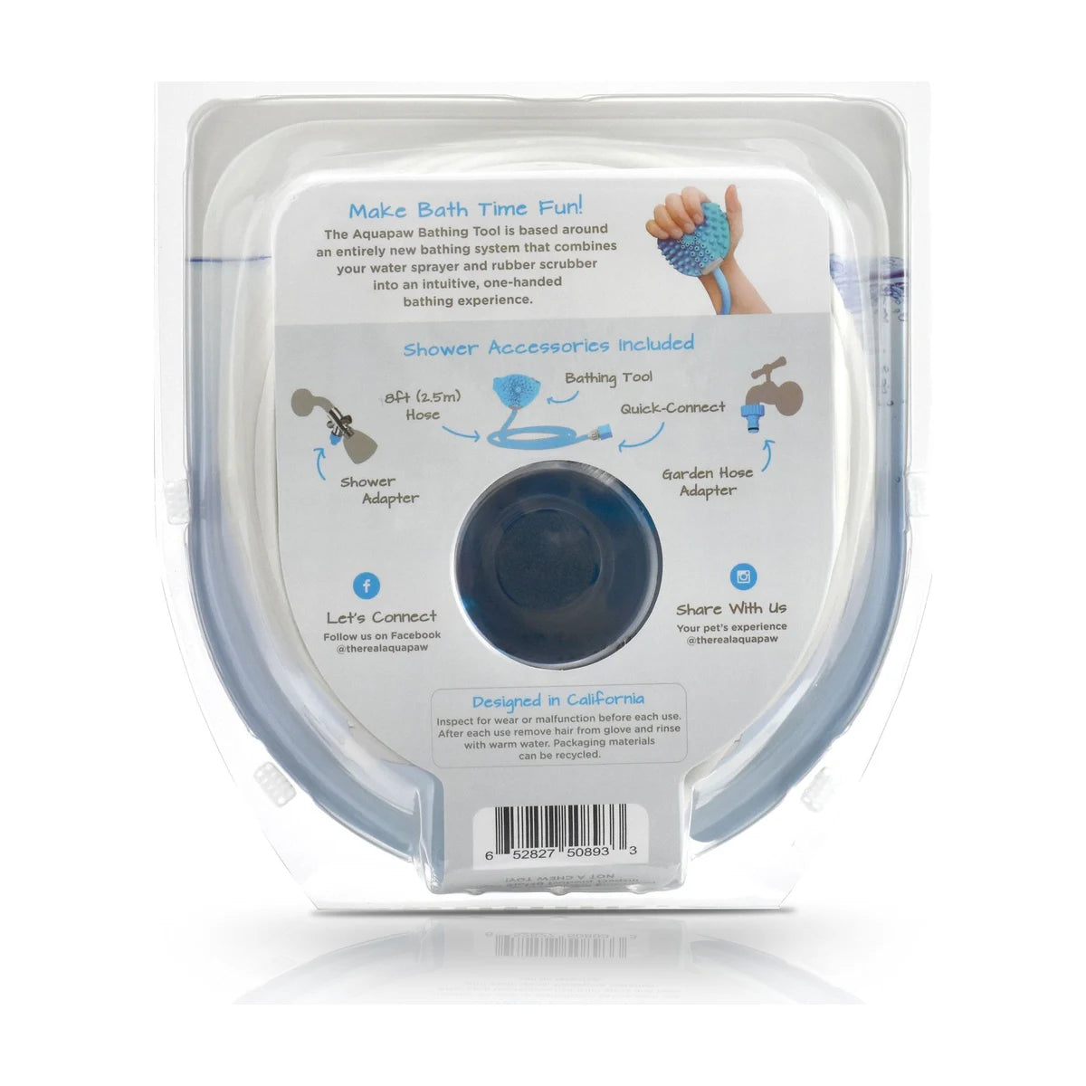 Rosewood Aquapaw Bathing Tool packaging showing shower adapter garden hose adapter and 2 point 5 metre hose