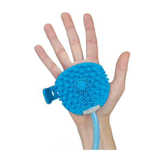 Rosewood Aquapaw Bathing Tool wearable dog sprayer scrubber shown on hand