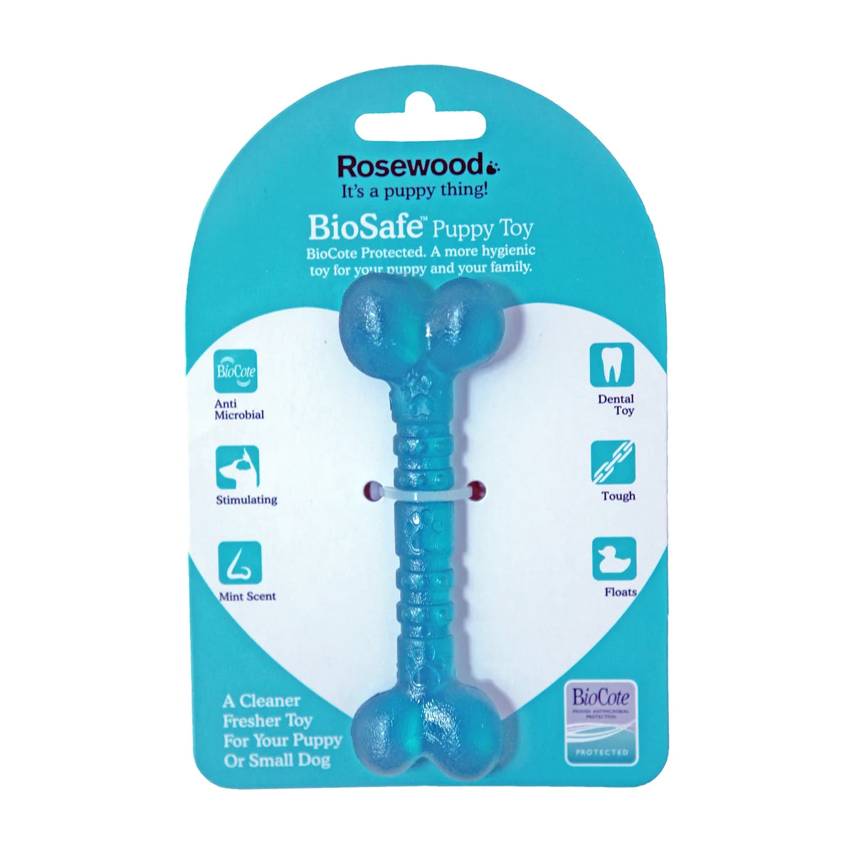 Rosewood BioSafe Puppy Bone blue packaging showing BioCote protected dental toy for puppies and small dogs