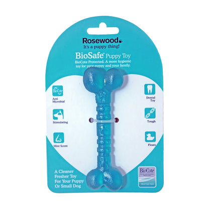 Rosewood BioSafe Puppy Bone blue packaging showing BioCote protected dental toy for puppies and small dogs