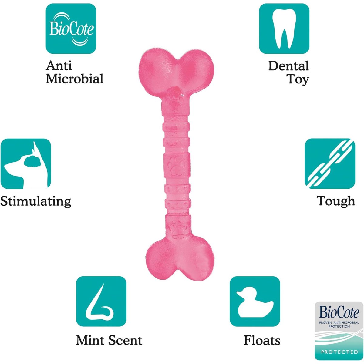 Rosewood BioSafe Puppy Bone features showing antimicrobial protection, dental toy, mint scent, tough design and floating play