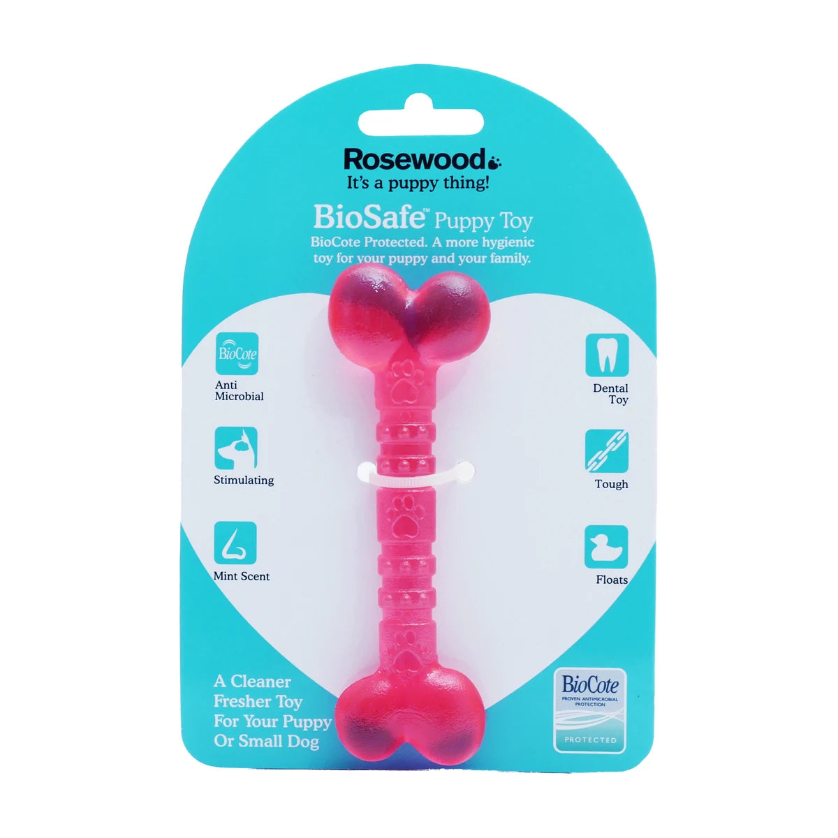 Rosewood BioSafe Puppy Bone pink packaging showing mint scented puppy chew toy with antimicrobial protection