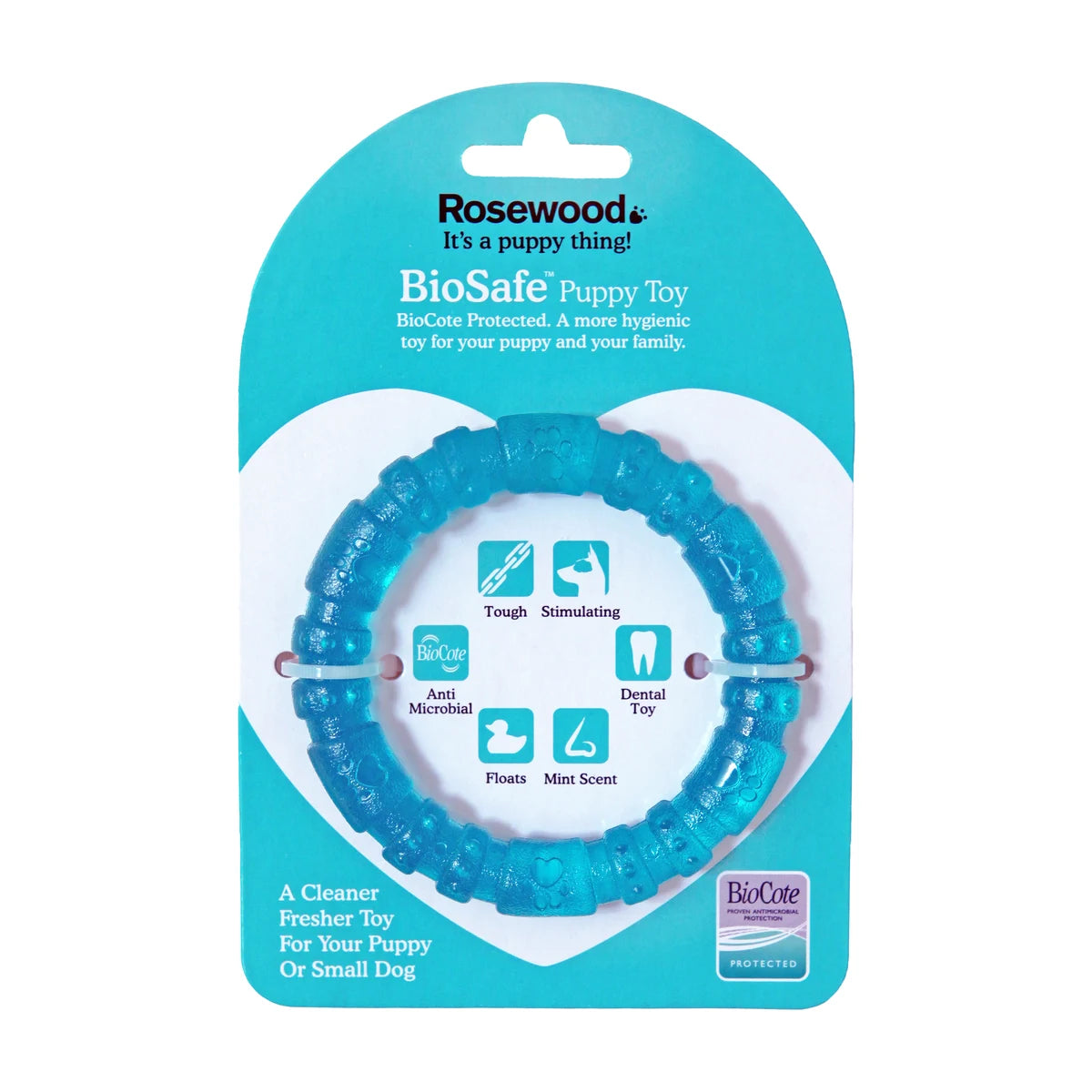 Rosewood BioSafe Puppy Ring blue packaging showing BioCote protected dental toy for puppies and small dogs