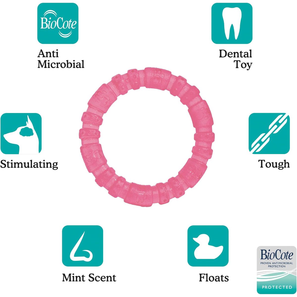 Rosewood BioSafe Puppy Ring features showing antimicrobial protection, dental toy, mint scent, tough design and floating play