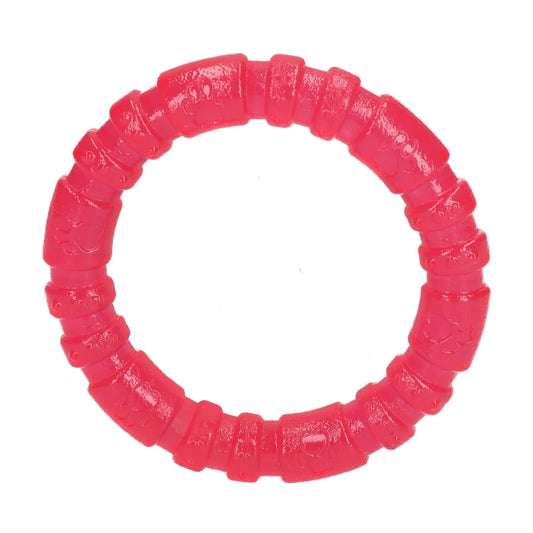 Pink Rosewood BioSafe Puppy Ring 7cm close-up showing tough TPR puppy dental toy with textured ring surface
