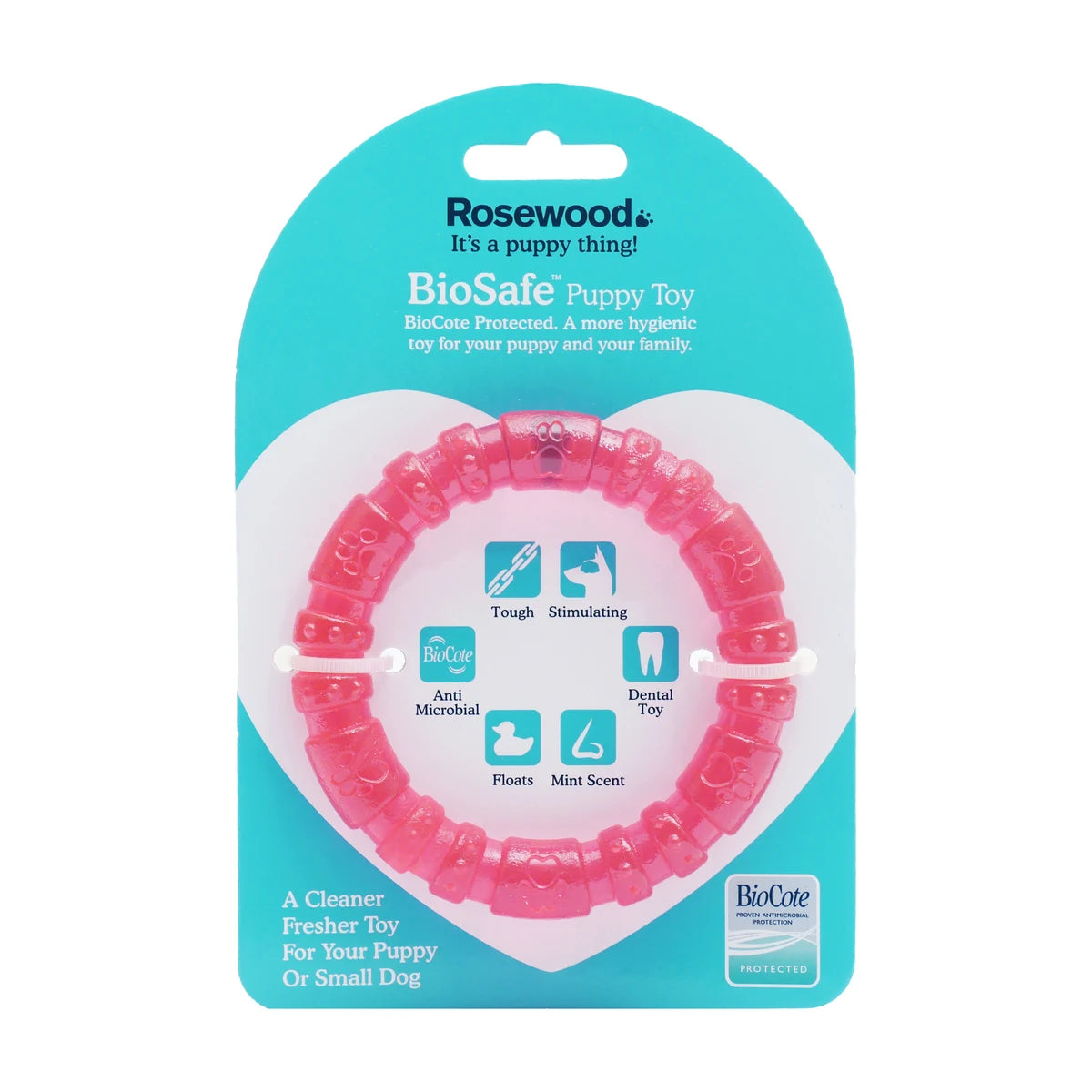 Rosewood BioSafe Puppy Ring pink packaging showing mint scented puppy chew toy with antimicrobial protection
