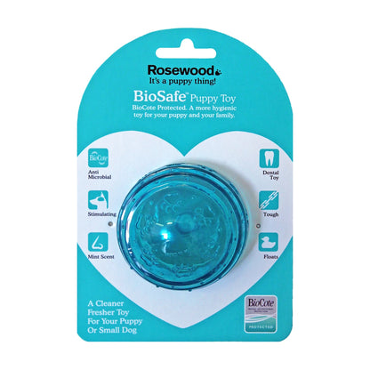 Rosewood BioSafe Puppy Treat Ball blue packaging showing treat dispensing toy for puppies and small dogs